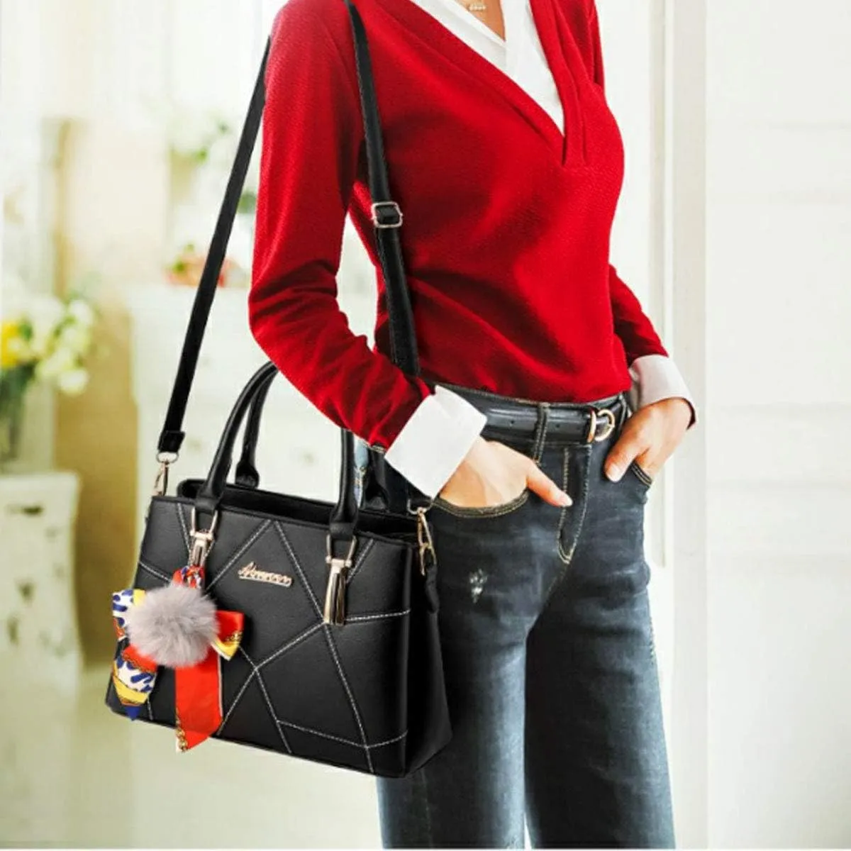 Womens Leather Handbags Purses Top-handle Totes Satchel Shoulder Bag for Ladies With Pompon and Bowknot White