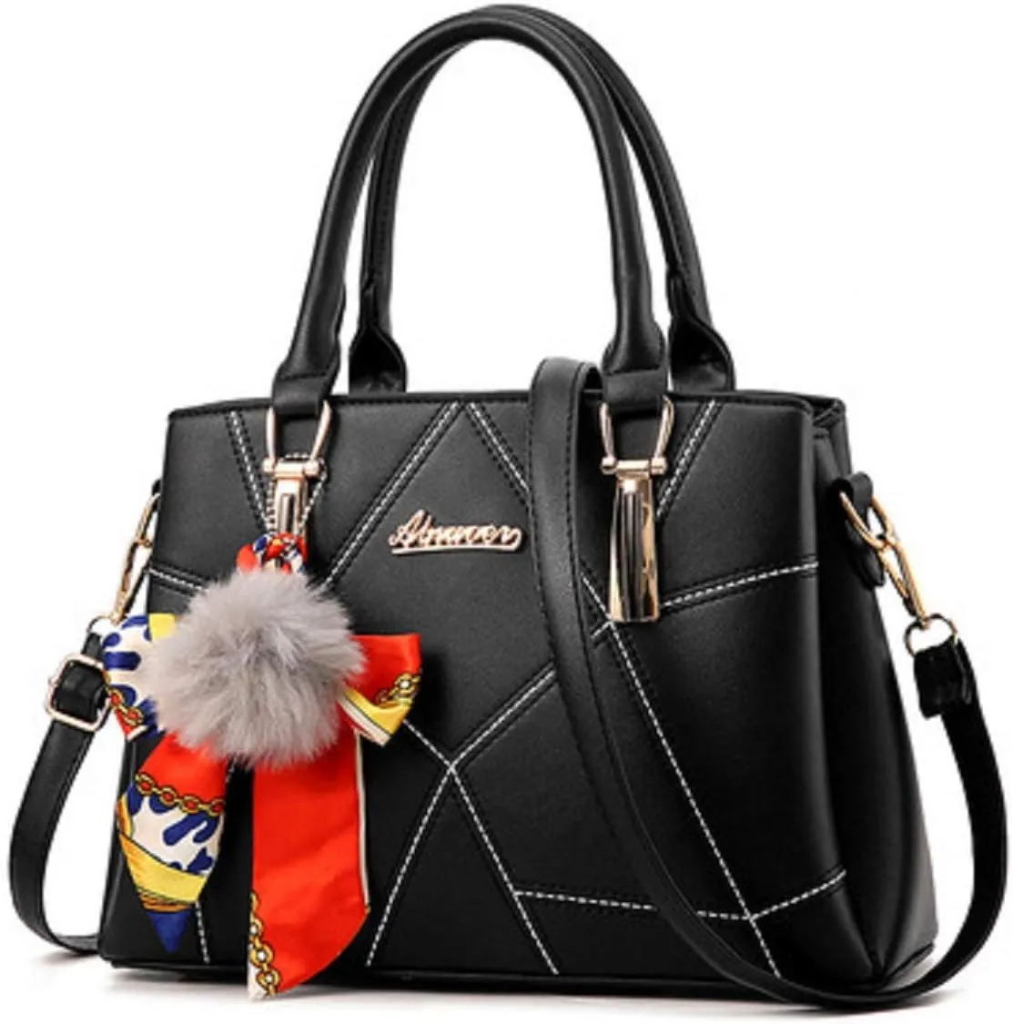 Womens Leather Handbags Purses Top-handle Totes Satchel Shoulder Bag for Ladies With Pompon and Bowknot White
