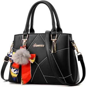 Womens Leather Handbags Purses Top-handle Totes Satchel Shoulder Bag for Ladies With Pompon and Bowknot White