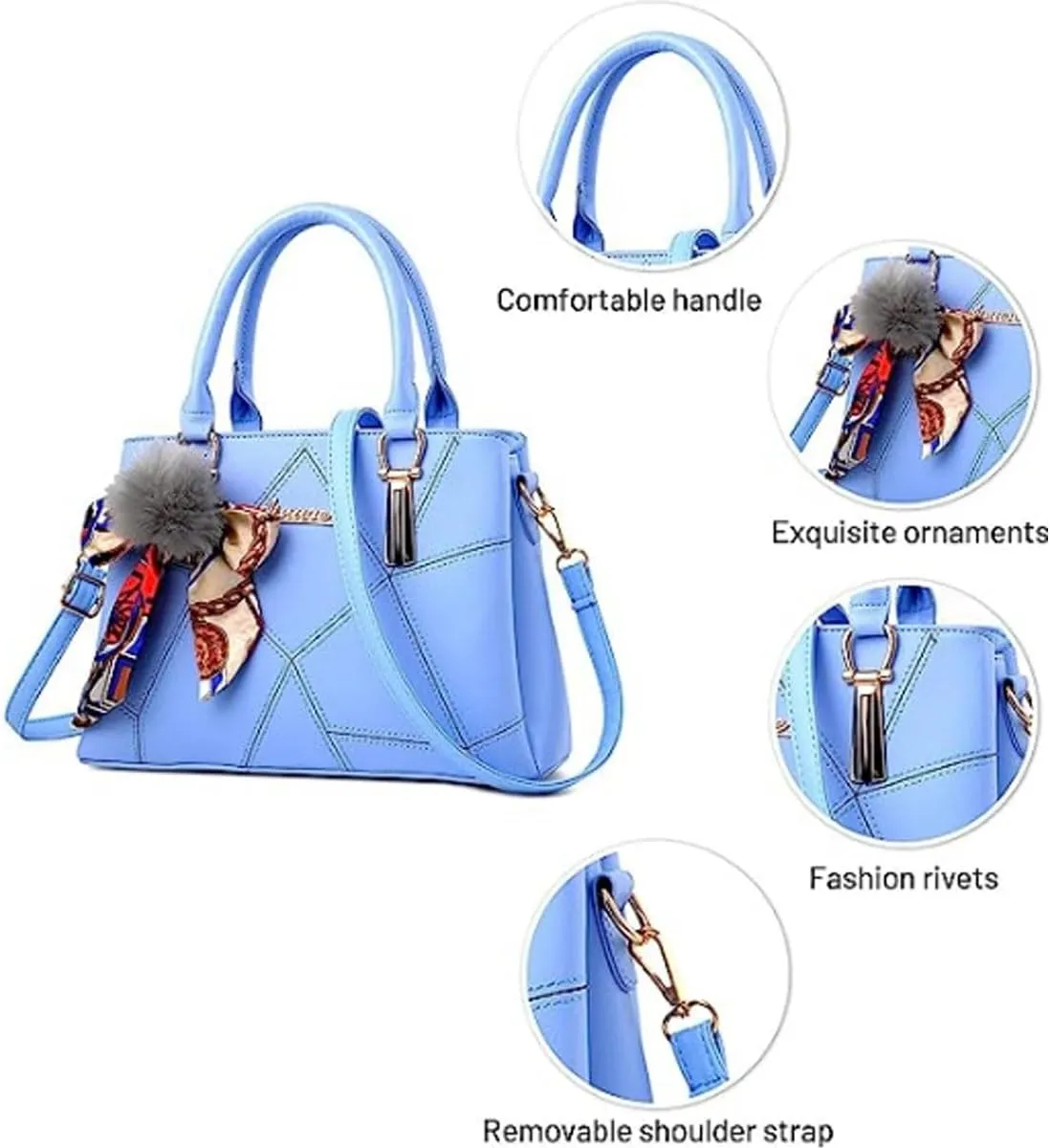 Womens Leather Handbags Purses Top-handle Totes Satchel Shoulder Bag for Ladies With Pompon and Bowknot
