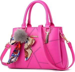 Womens Leather Handbags Purses Top-handle Totes Satchel Shoulder Bag for Ladies With Pompon and Bowknot
