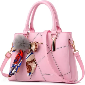 Womens Leather Handbags Purses Top-handle Totes Satchel Shoulder Bag for Ladies With Pompon and Bowknot