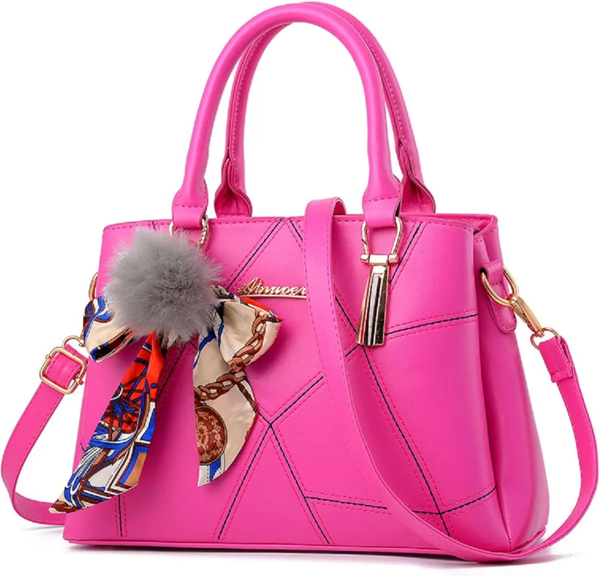 Womens Leather Handbags Purses Top-handle Totes Satchel Shoulder Bag for Ladies With Pompon and Bowknot