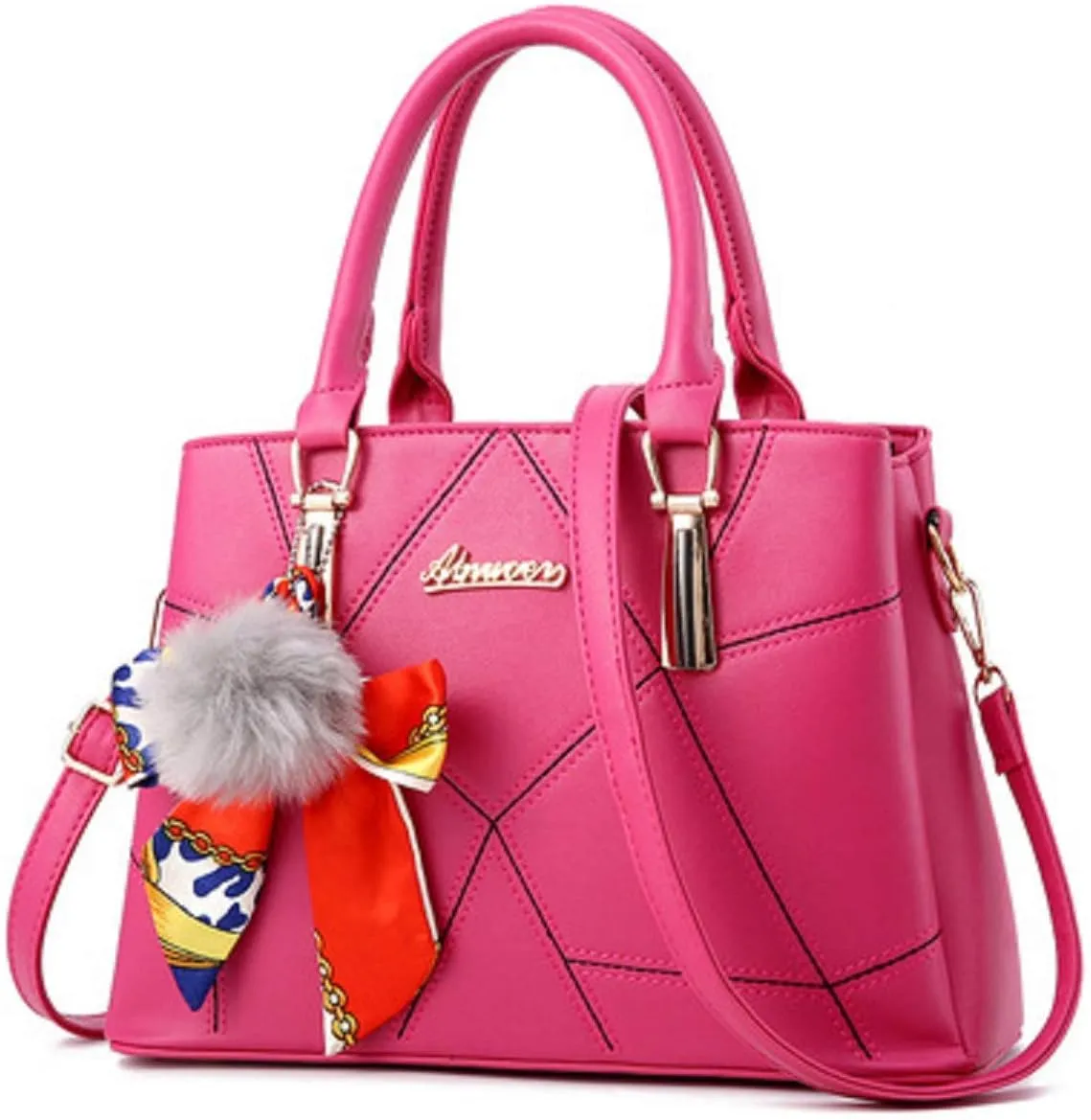 Womens Leather Handbags Purses Top-handle Totes Satchel Shoulder Bag for Ladies With Pompon and Bowknot