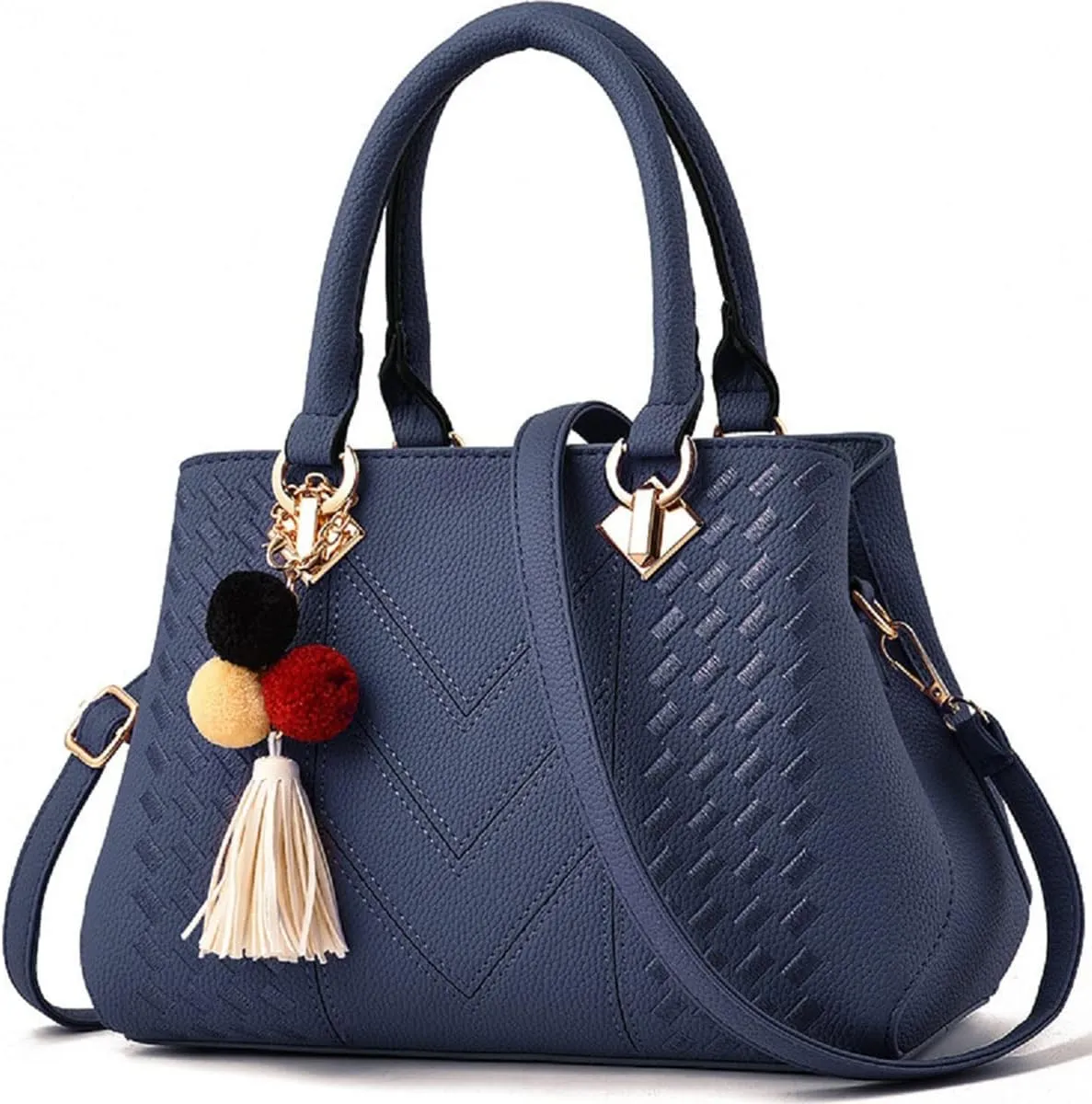 Womens Leather Handbags Purses Top-handle Totes Satchel Shoulder Bag for Ladies with Pompon and Tassel Blue