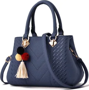 Womens Leather Handbags Purses Top-handle Totes Satchel Shoulder Bag for Ladies with Pompon and Tassel