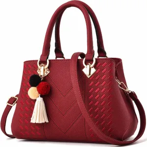 Womens Leather Handbags Purses Top-handle Totes Satchel Shoulder Bag for Ladies with Pompon and Tassel