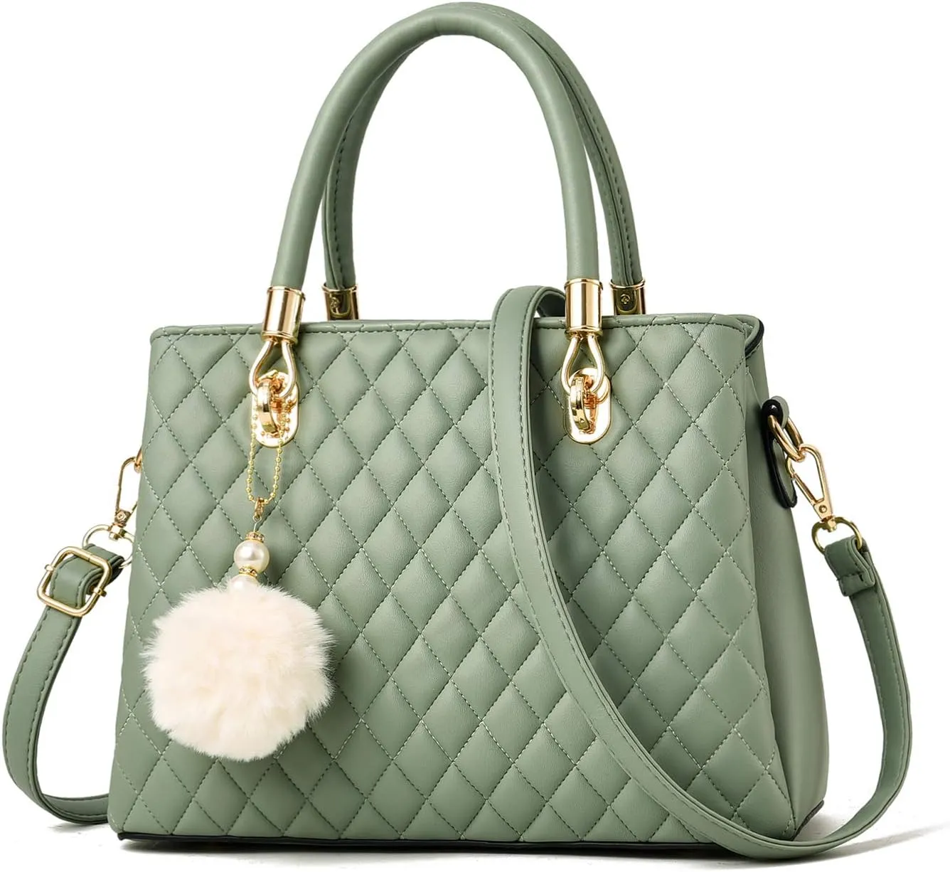 Womens Leather Handbags Purses Top-handle Totes Satchel Shoulder Bag for Ladies with Pompon Black