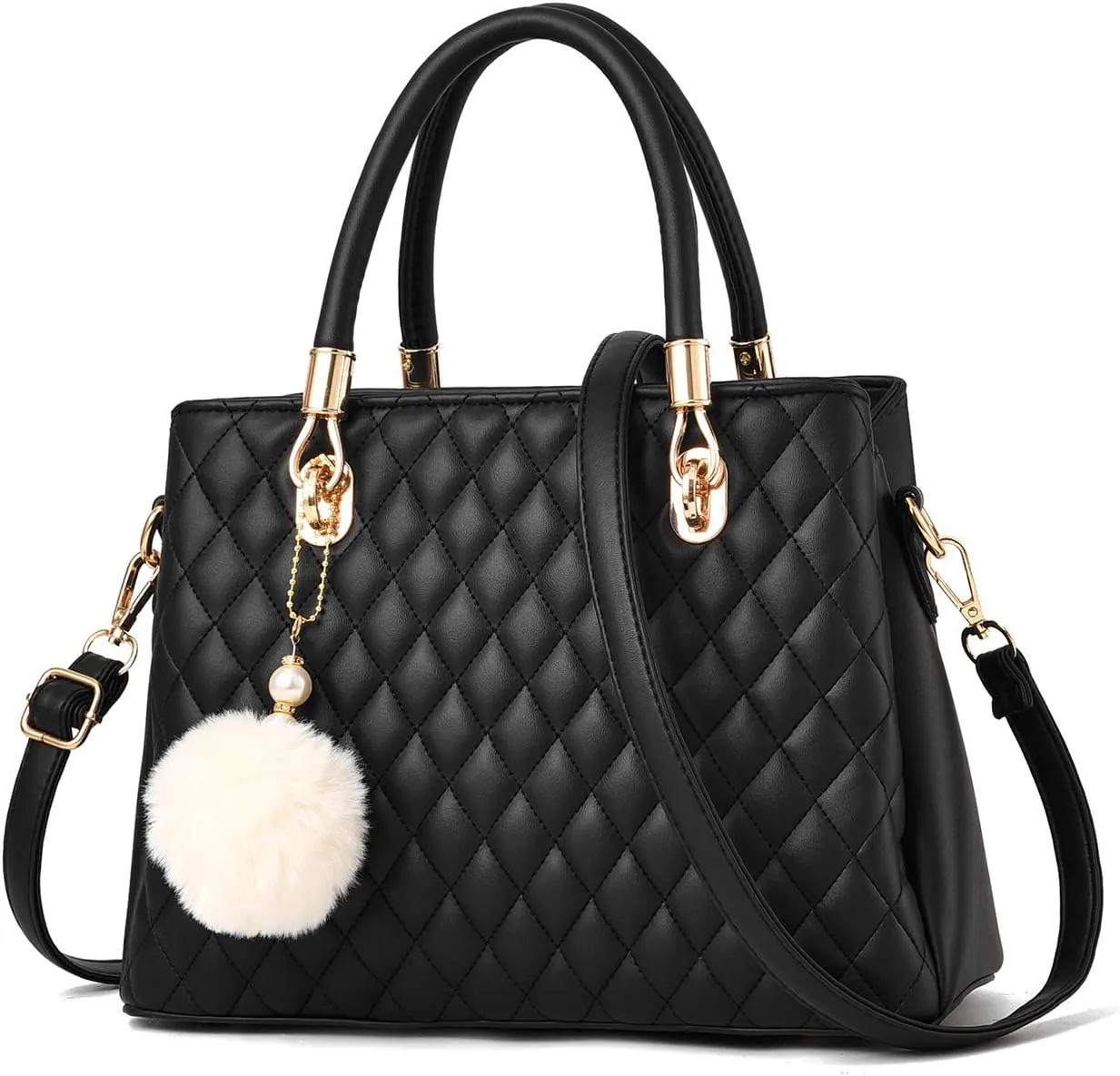 Womens Leather Handbags Purses Top-handle Totes Satchel Shoulder Bag for Ladies with Pompon Black