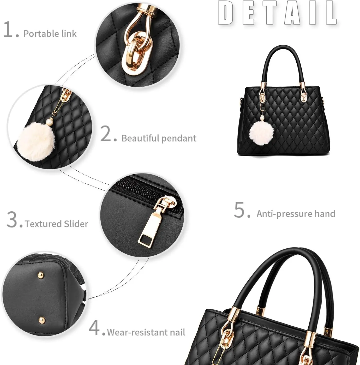 Womens Leather Handbags Purses Top-handle Totes Satchel Shoulder Bag for Ladies with Pompon Black