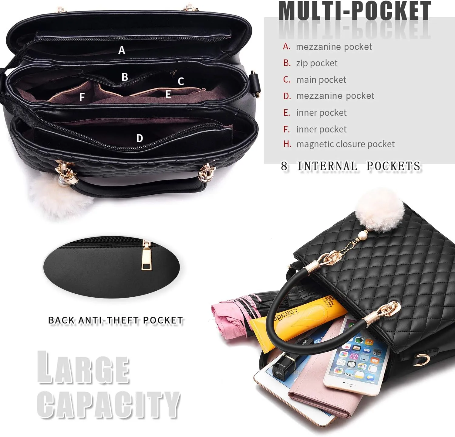 Womens Leather Handbags Purses Top-handle Totes Satchel Shoulder Bag for Ladies with Pompon Black