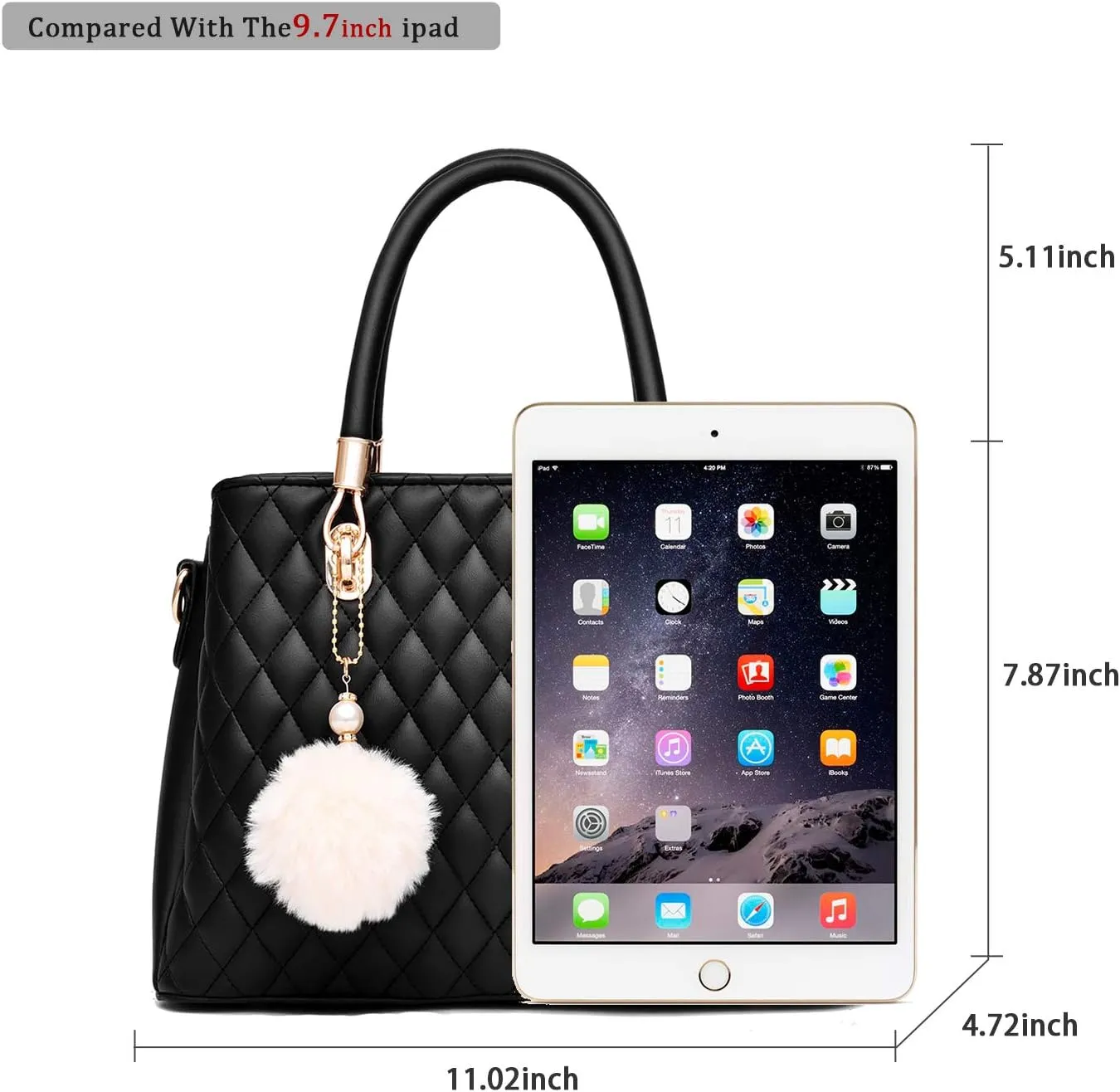 Womens Leather Handbags Purses Top-handle Totes Satchel Shoulder Bag for Ladies with Pompon Black