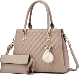 Womens Leather Handbags Purses Top-handle Totes Satchel Shoulder Bag for Ladies with Pompon Black