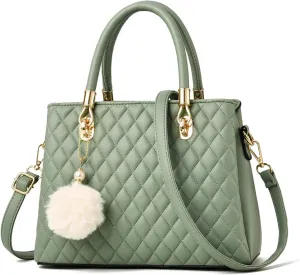 Womens Leather Handbags Purses Top-handle Totes Satchel Shoulder Bag for Ladies with Pompon Black