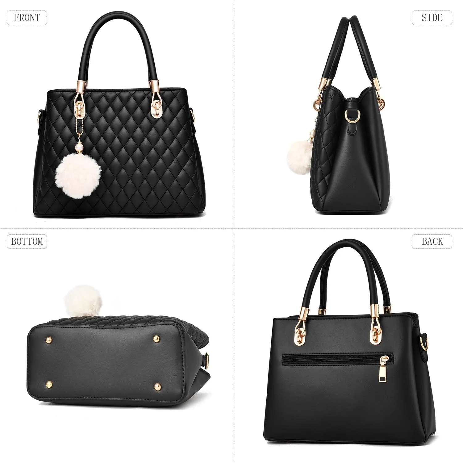 Womens Leather Handbags Purses Top-handle Totes Satchel Shoulder Bag for Ladies with Pompon Black