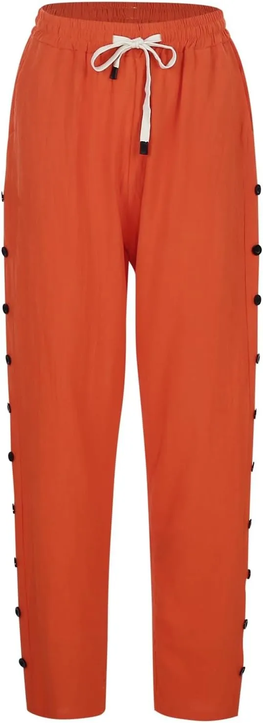 Womens Linen Pants with Pockets High Waist Comfy White Gauze Cropped Pants Casual Lightweight Loose Buttons Trousers