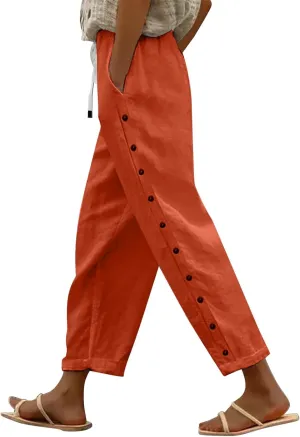 Womens Linen Pants with Pockets High Waist Comfy White Gauze Cropped Pants Casual Lightweight Loose Buttons Trousers