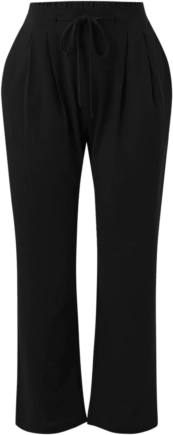 Womens Linen Wide Leg Pants and Straight Solid Elastic Pants Long Drawstring Women Waist Casual Wide Leg Palazzo