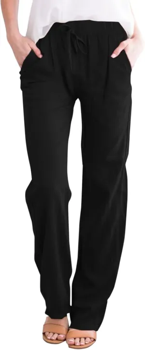 Womens Linen Wide Leg Pants and Straight Solid Elastic Pants Long Drawstring Women Waist Casual Wide Leg Palazzo