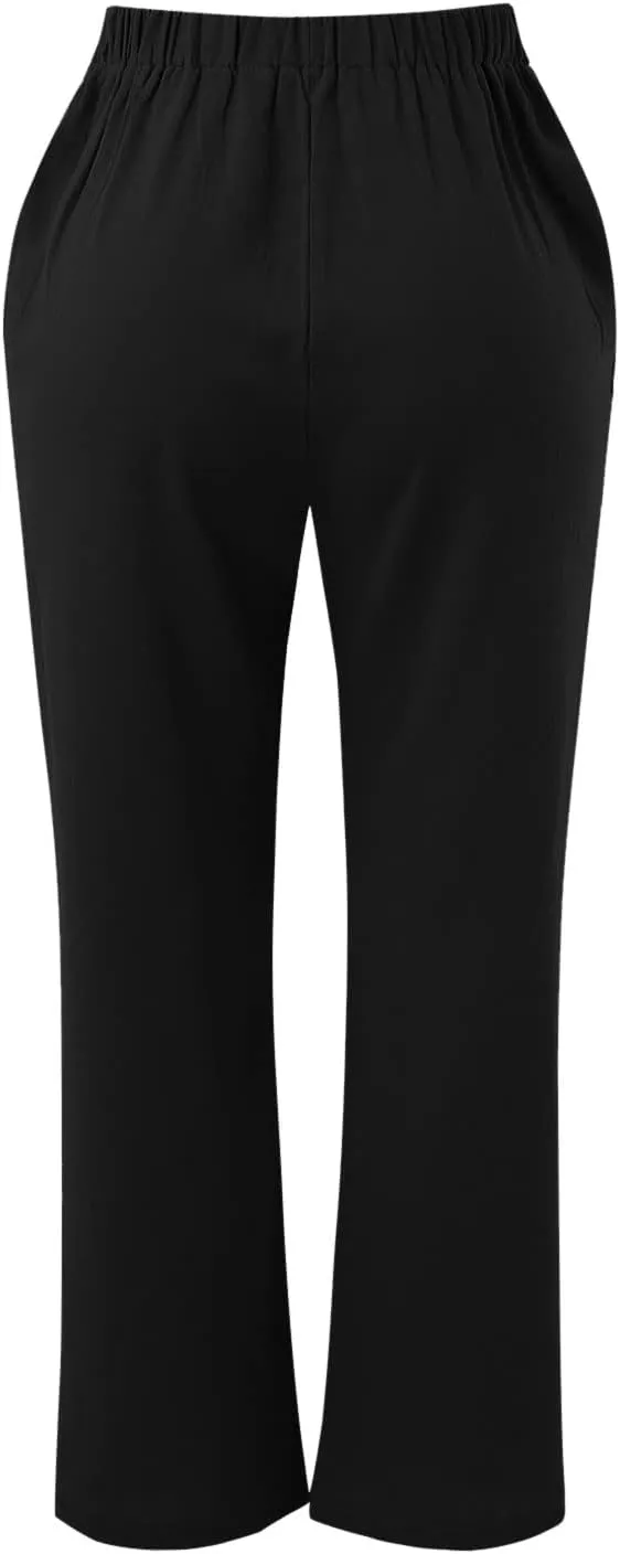 Womens Linen Wide Leg Pants and Straight Solid Elastic Pants Long Drawstring Women Waist Casual Wide Leg Palazzo