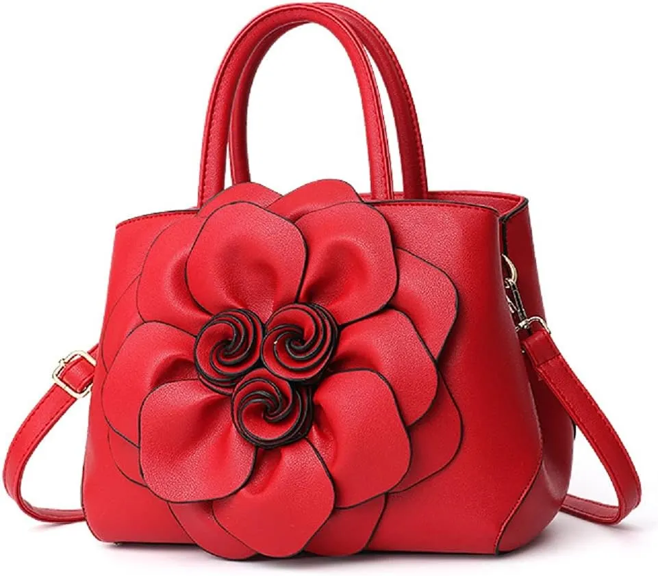 Womens PU Leather Handbags Purses Top-handle Totes Satchel Shoulder Bag for Ladies with Big flower