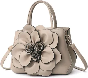Womens PU Leather Handbags Purses Top-handle Totes Satchel Shoulder Bag for Ladies with Big flower