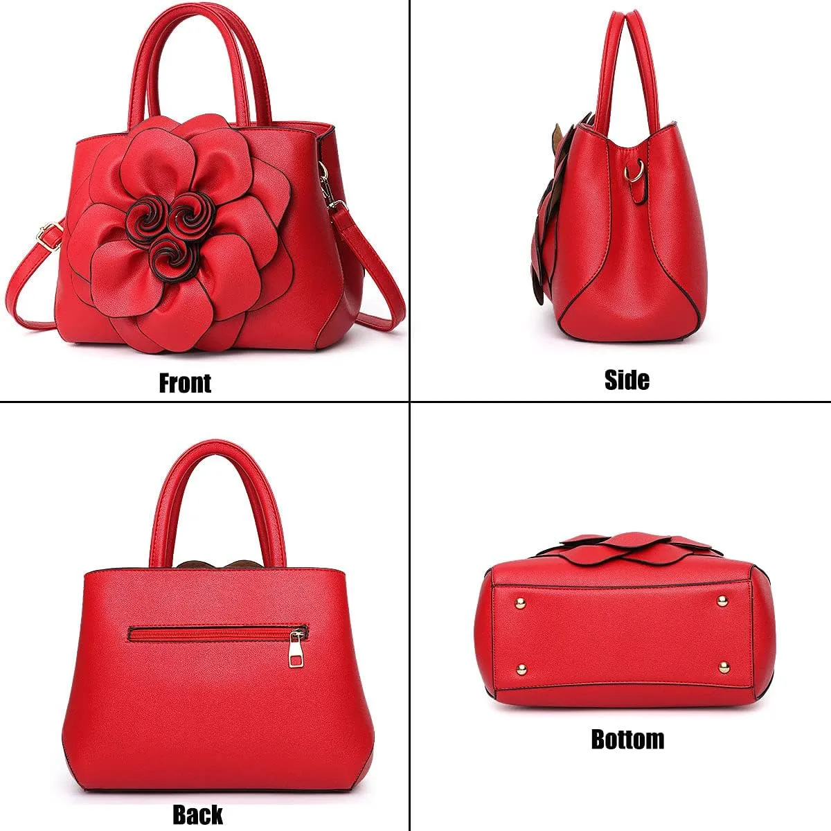 Womens PU Leather Handbags Purses Top-handle Totes Satchel Shoulder Bag for Ladies with Big flower