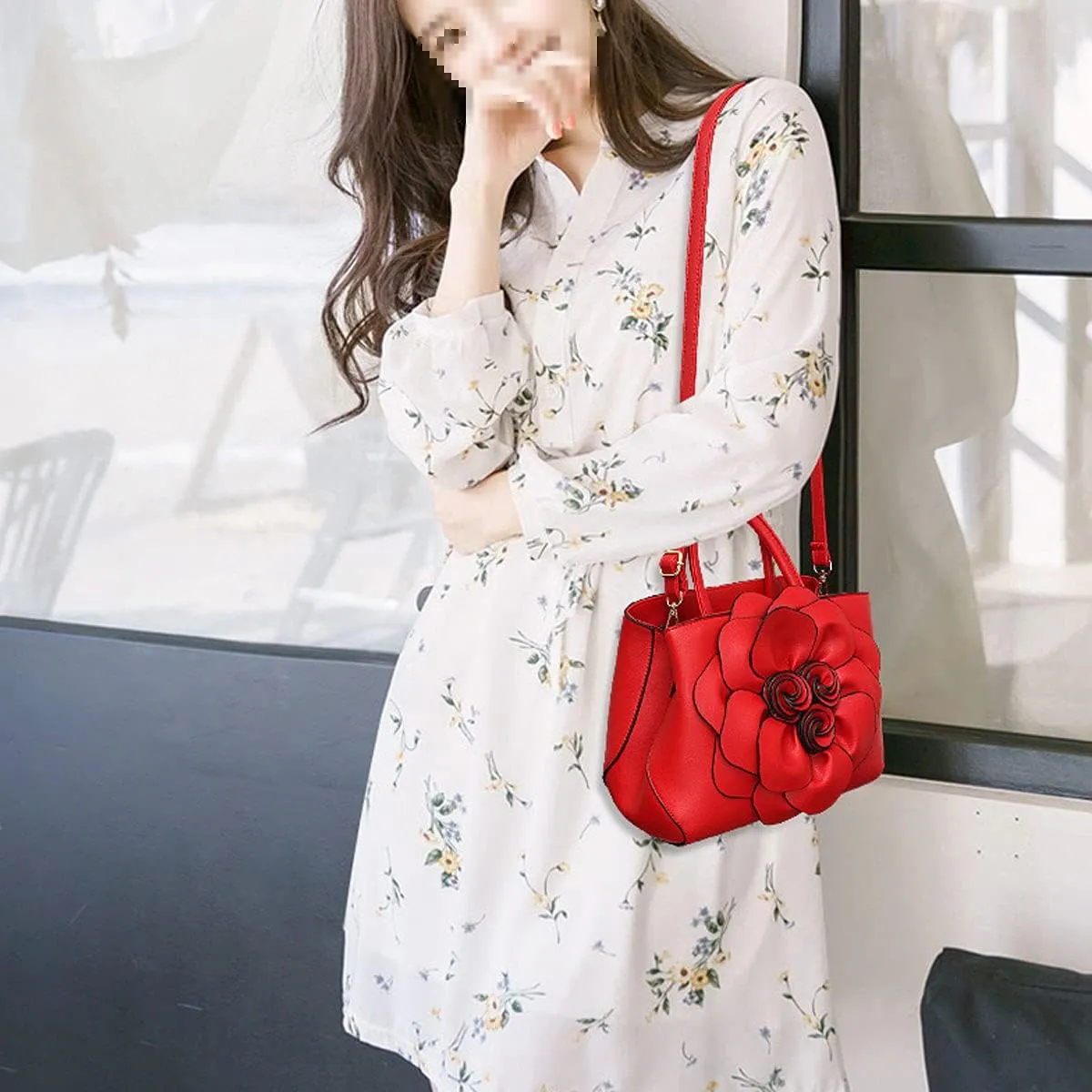 Womens PU Leather Handbags Purses Top-handle Totes Satchel Shoulder Bag for Ladies with Big flower