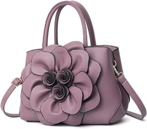 Womens PU Leather Handbags Purses Top-handle Totes Satchel Shoulder Bag for Ladies with Big flower