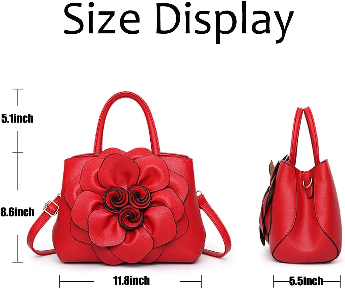 Womens PU Leather Handbags Purses Top-handle Totes Satchel Shoulder Bag for Ladies with Big flower