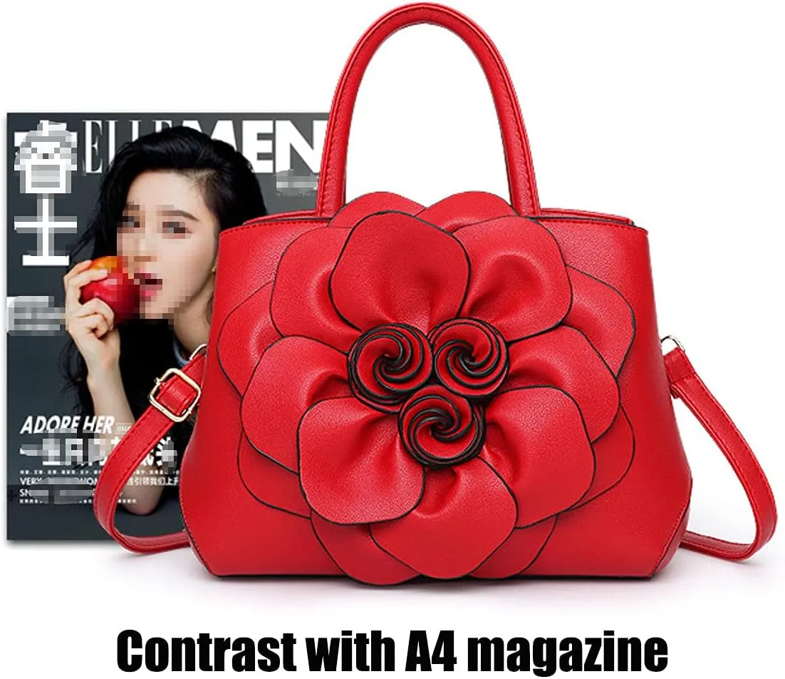 Womens PU Leather Handbags Purses Top-handle Totes Satchel Shoulder Bag for Ladies with Big flower