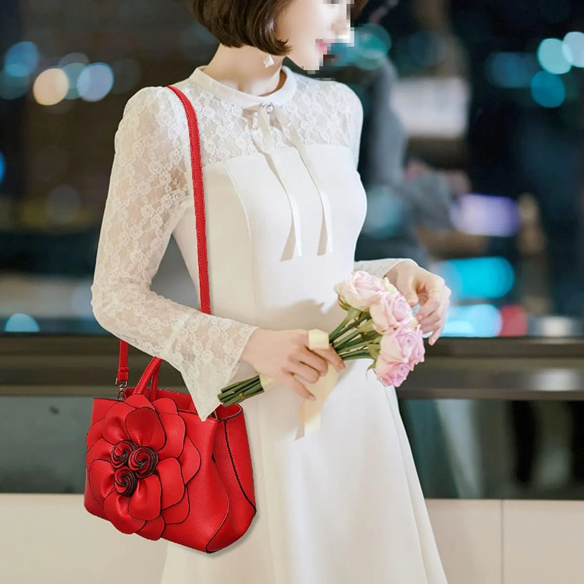 Womens PU Leather Handbags Purses Top-handle Totes Satchel Shoulder Bag for Ladies with Big flower
