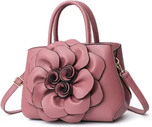 Womens PU Leather Handbags Purses Top-handle Totes Satchel Shoulder Bag for Ladies with Big flower