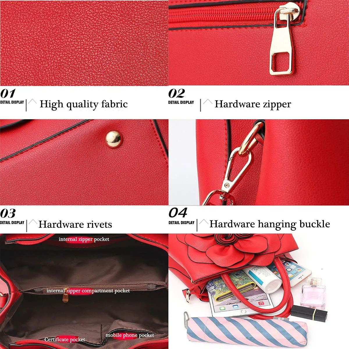Womens PU Leather Handbags Purses Top-handle Totes Satchel Shoulder Bag for Ladies with Big flower
