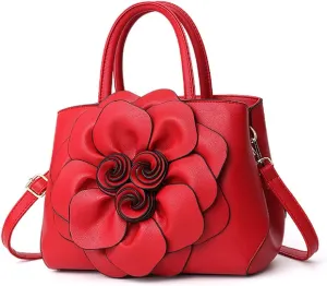 Womens PU Leather Handbags Purses Top-handle Totes Satchel Shoulder Bag for Ladies with Big flower