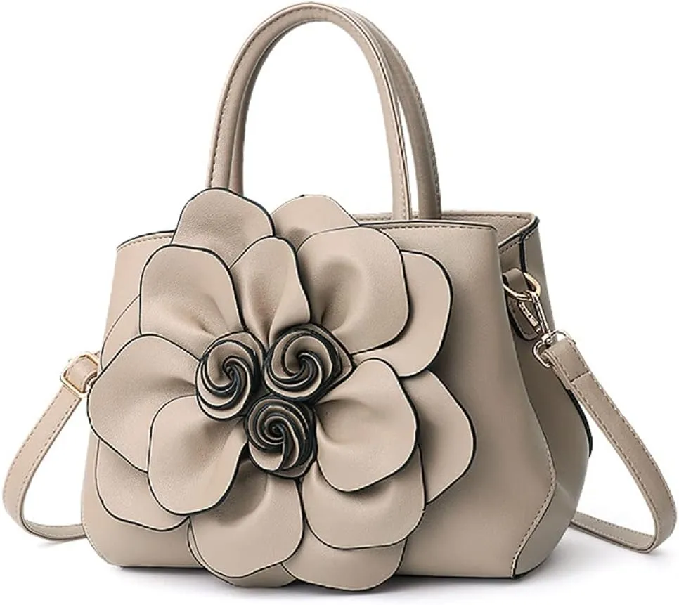 Womens PU Leather Handbags Purses Top-handle Totes Satchel Shoulder Bag for Ladies with Big flower