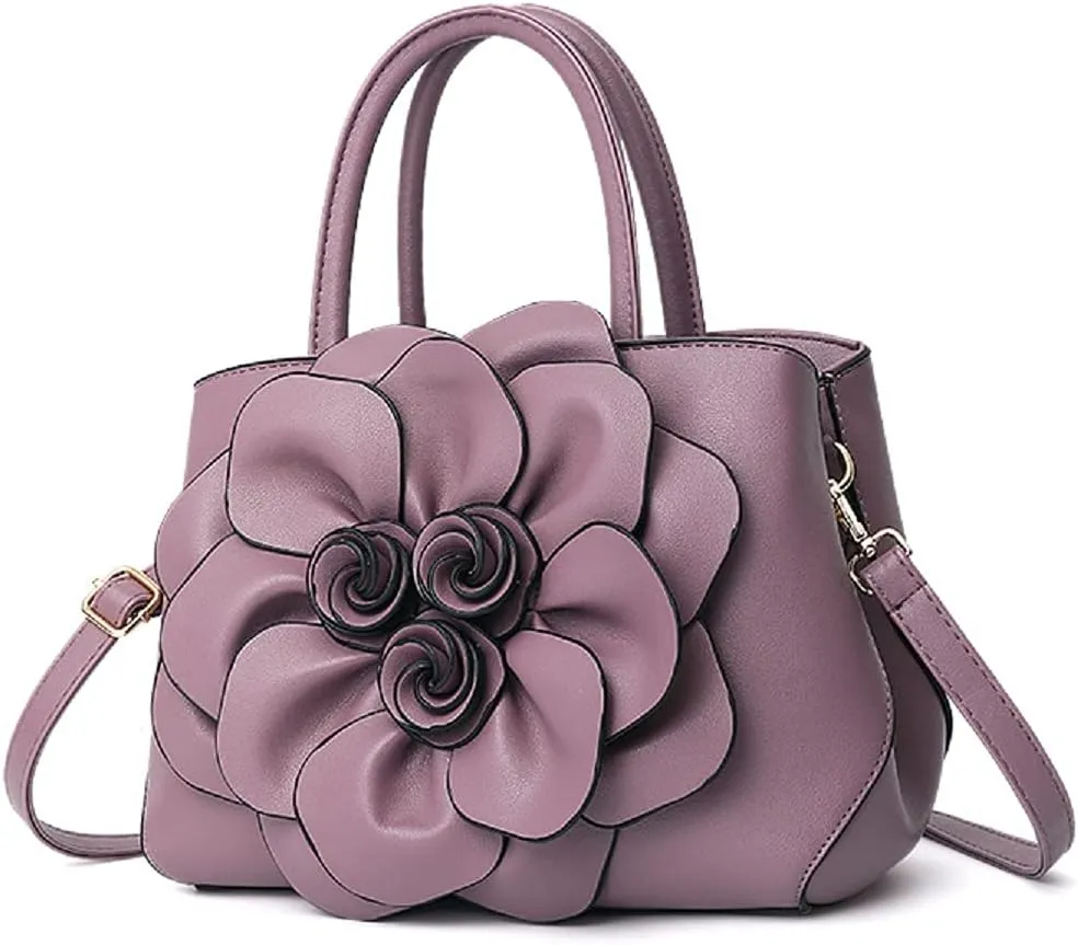 Womens PU Leather Handbags Purses Top-handle Totes Satchel Shoulder Bag for Ladies with Big flower