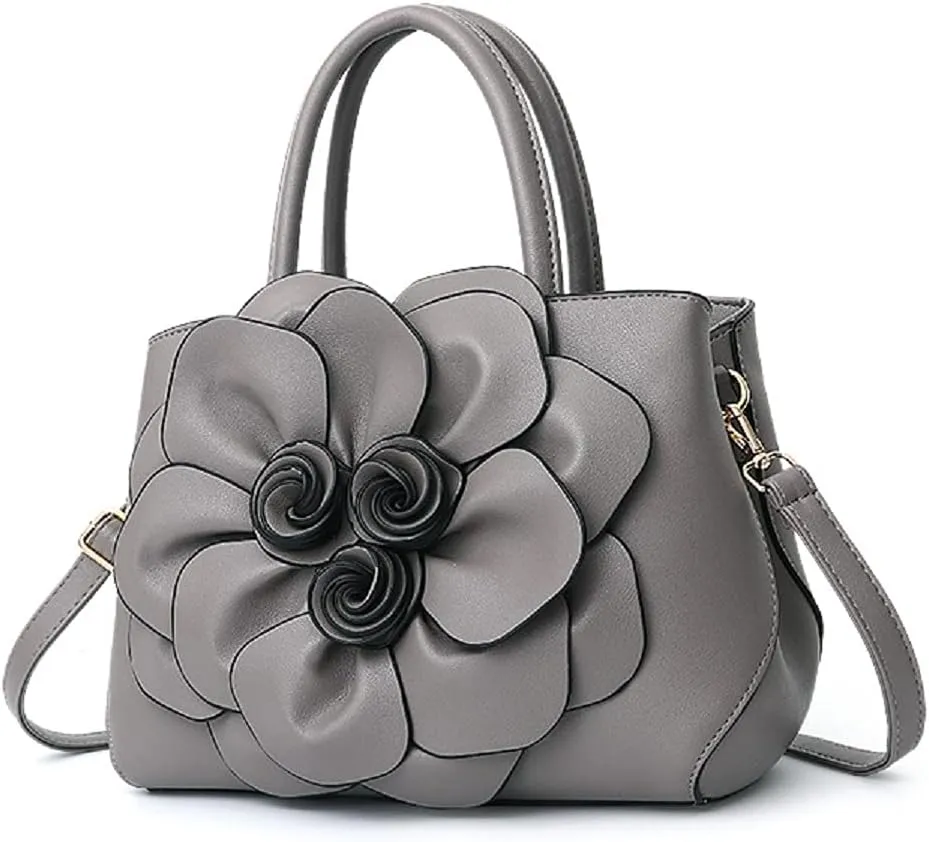 Womens PU Leather Handbags Purses Top-handle Totes Satchel Shoulder Bag for Ladies with Big flower