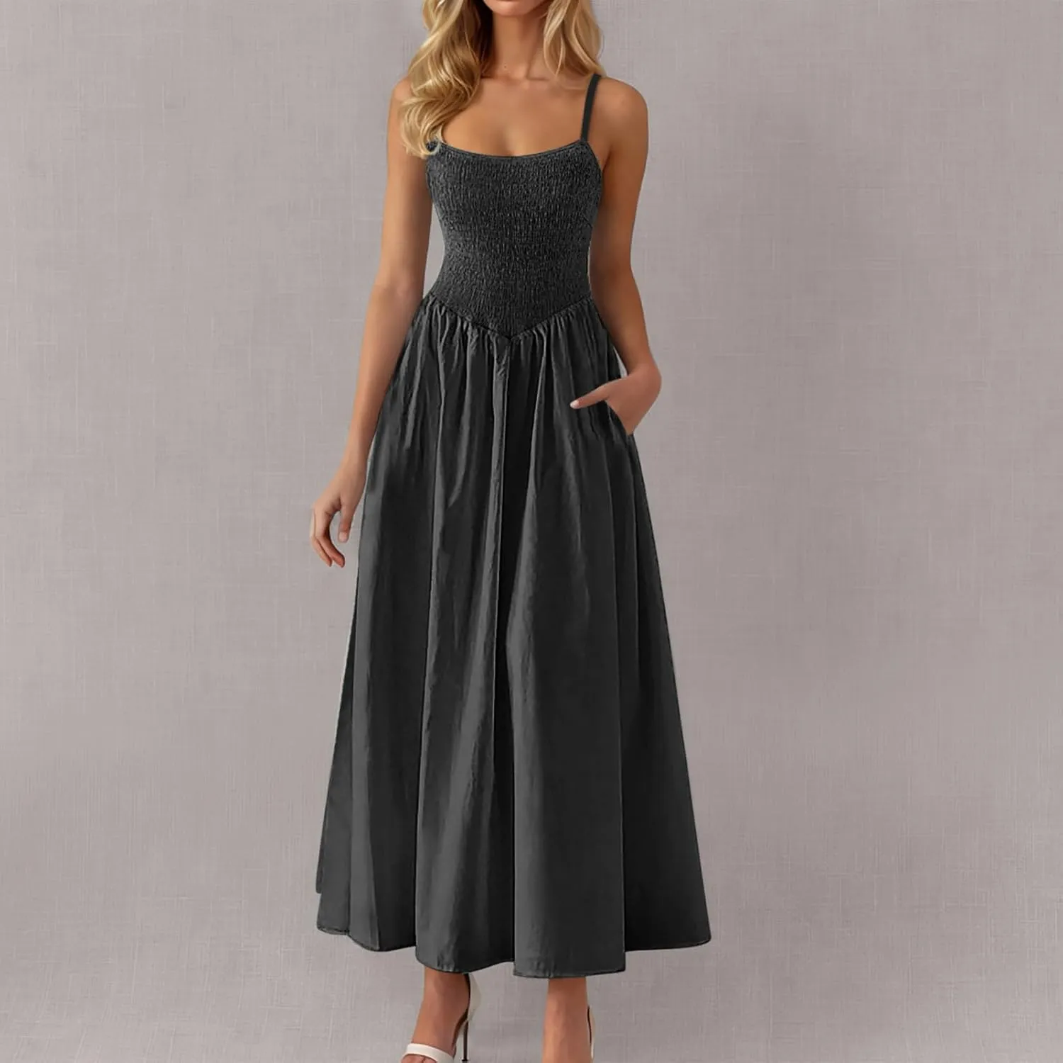 Womens Smocked Maxi Dresses 2025 Summer Trendy Beach Sundress Casual Spaghetti Strap Swing Flowy A Line Long Dress