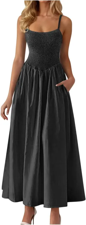 Womens Smocked Maxi Dresses 2025 Summer Trendy Beach Sundress Casual Spaghetti Strap Swing Flowy A Line Long Dress