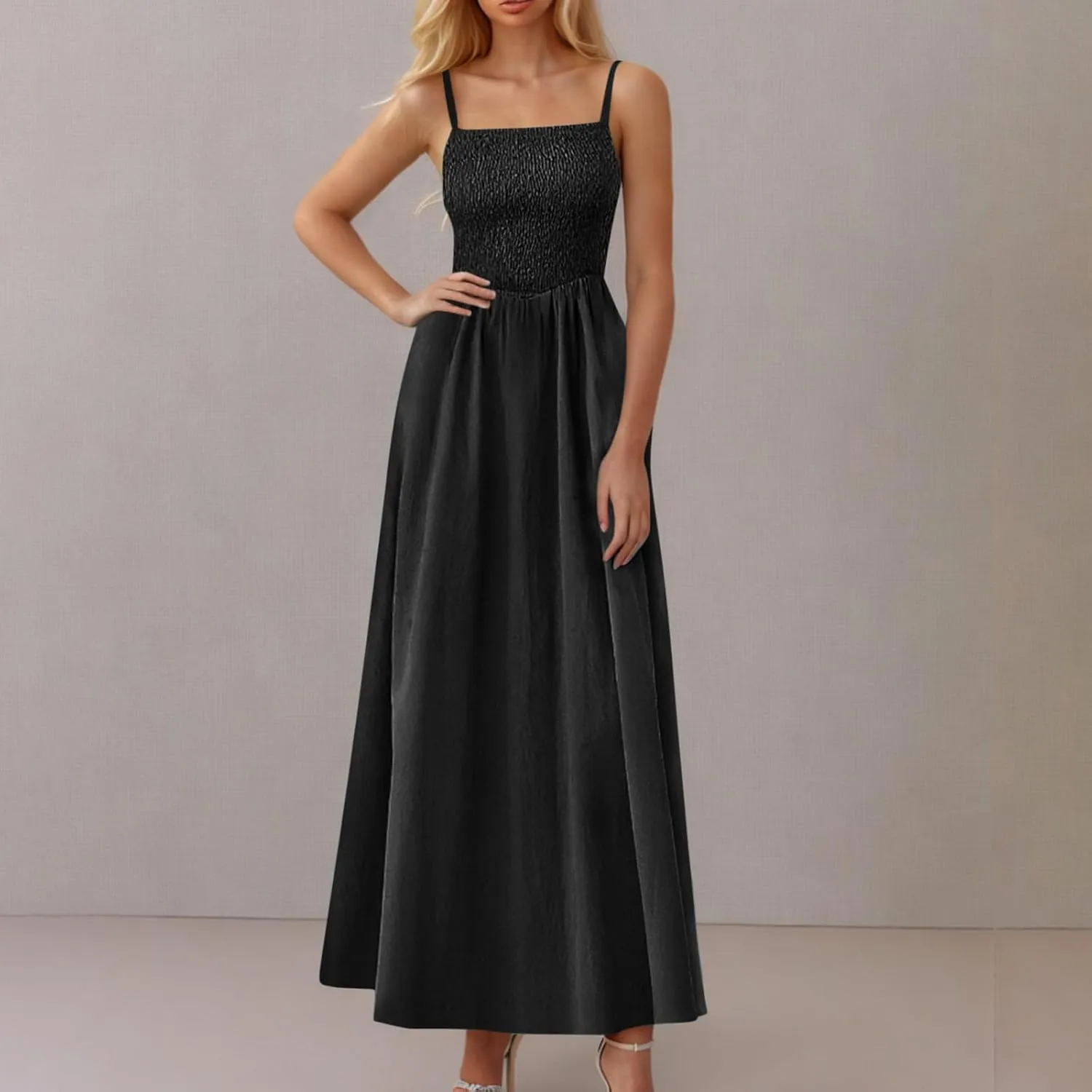 Womens Smocked Maxi Dresses 2025 Summer Trendy Beach Sundress Casual Spaghetti Strap Swing Flowy A Line Long Dress
