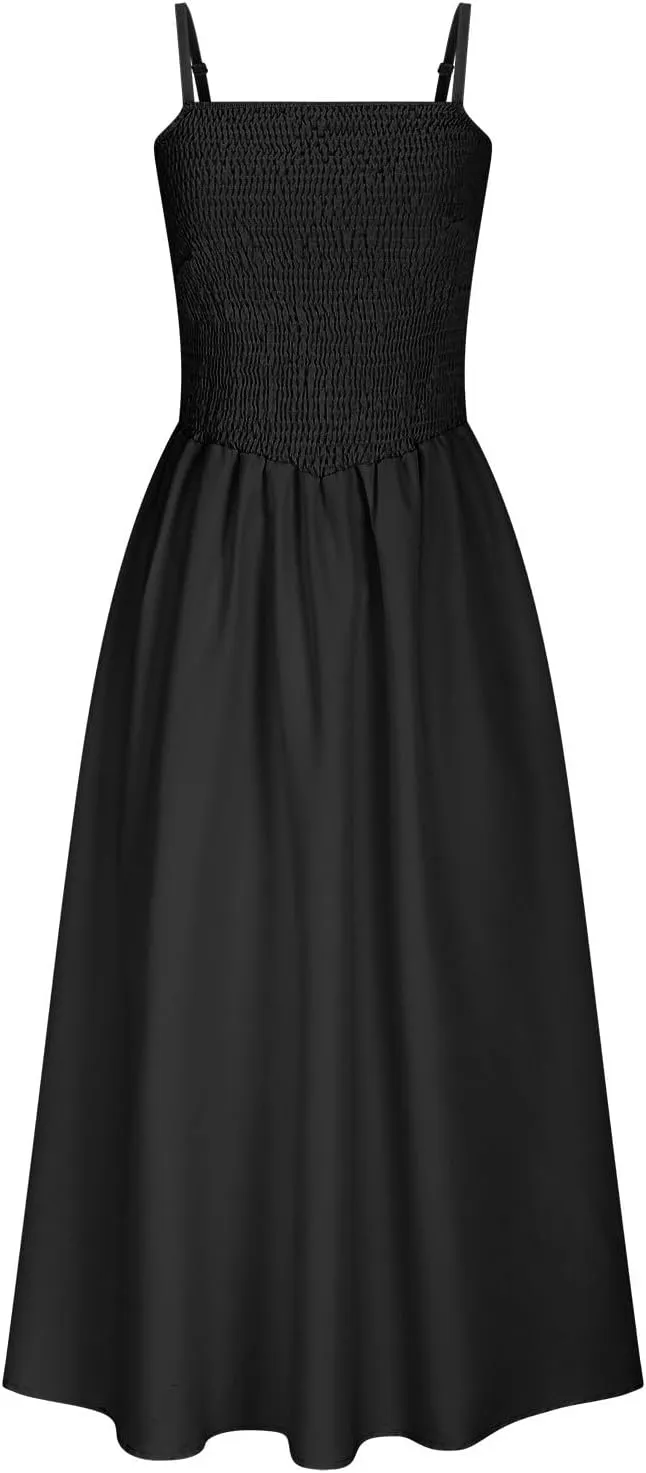 Womens Smocked Maxi Dresses 2025 Summer Trendy Beach Sundress Casual Spaghetti Strap Swing Flowy A Line Long Dress