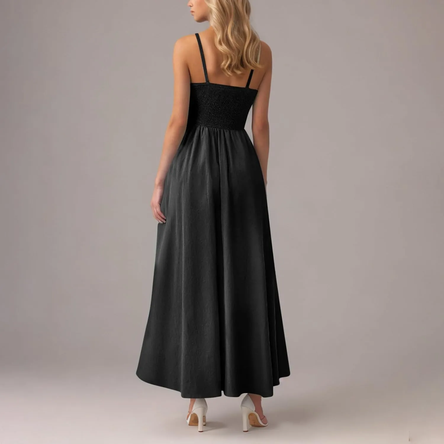 Womens Smocked Maxi Dresses 2025 Summer Trendy Beach Sundress Casual Spaghetti Strap Swing Flowy A Line Long Dress