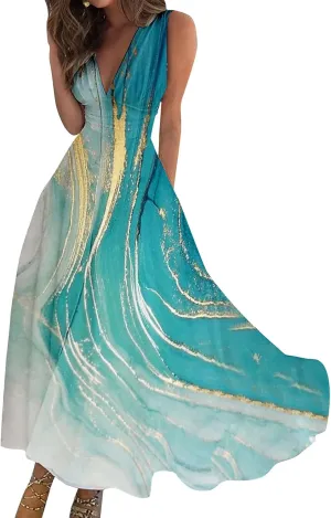 Women's Summer Maxi Dresses V Neck Sleeveless Boho Beach Swing Spring Dresses, S-3XL