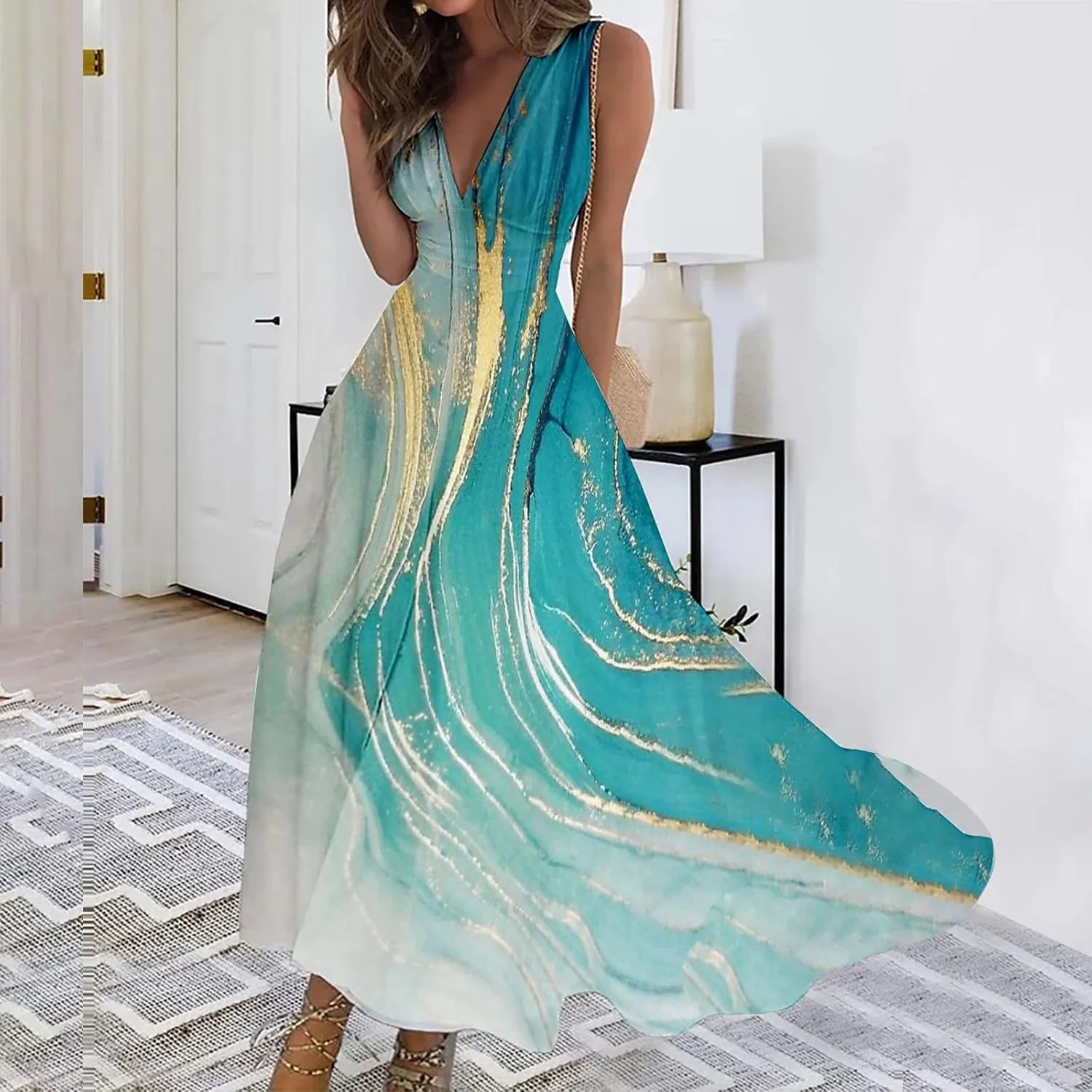 Women's Summer Maxi Dresses V Neck Sleeveless Boho Beach Swing Spring Dresses, S-3XL