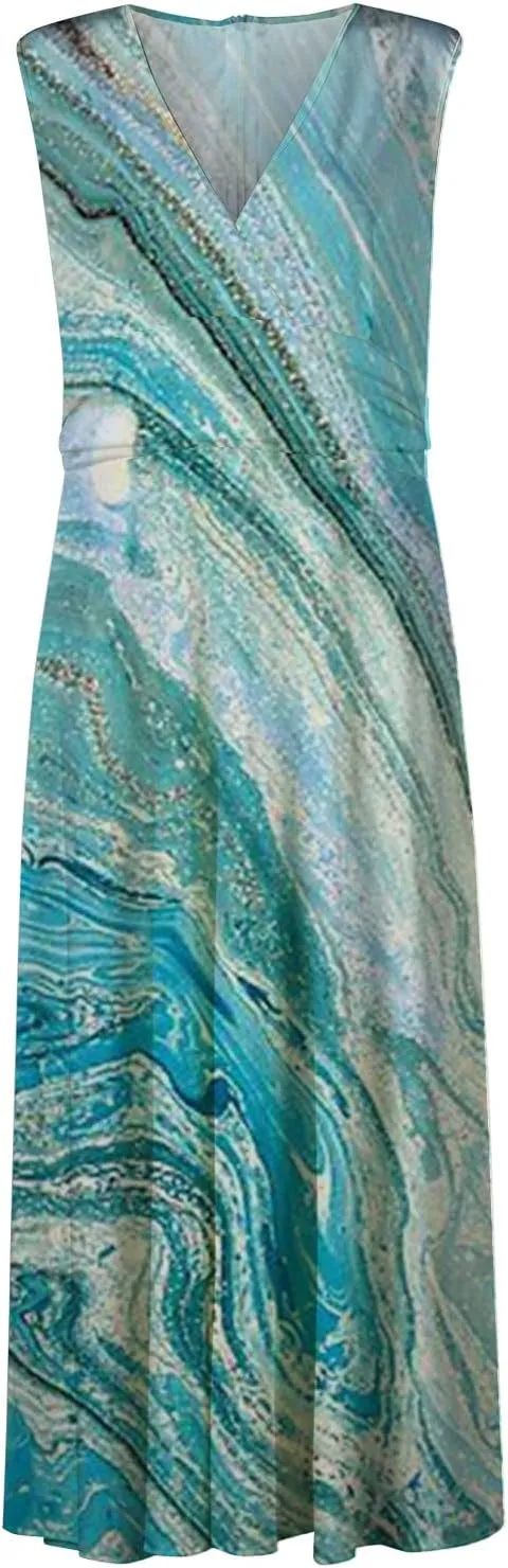 Women's Summer Maxi Dresses V Neck Sleeveless Boho Beach Swing Spring Dresses, S-3XL