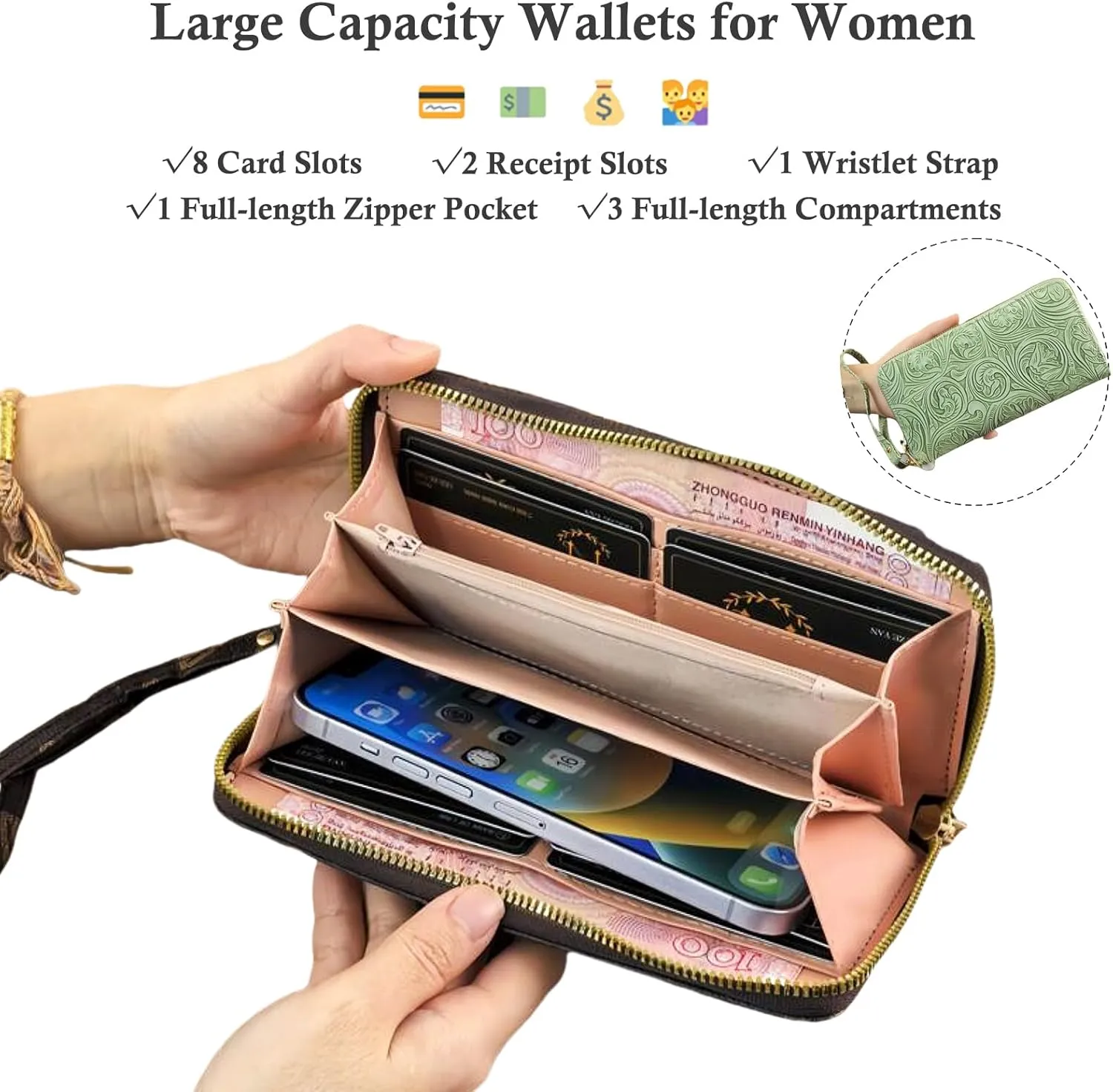 Womens Wallet Wristlet RFID Blocking Floral Vegan Leather Purse Long Zip Around Clutch Large Capacity Card Holder