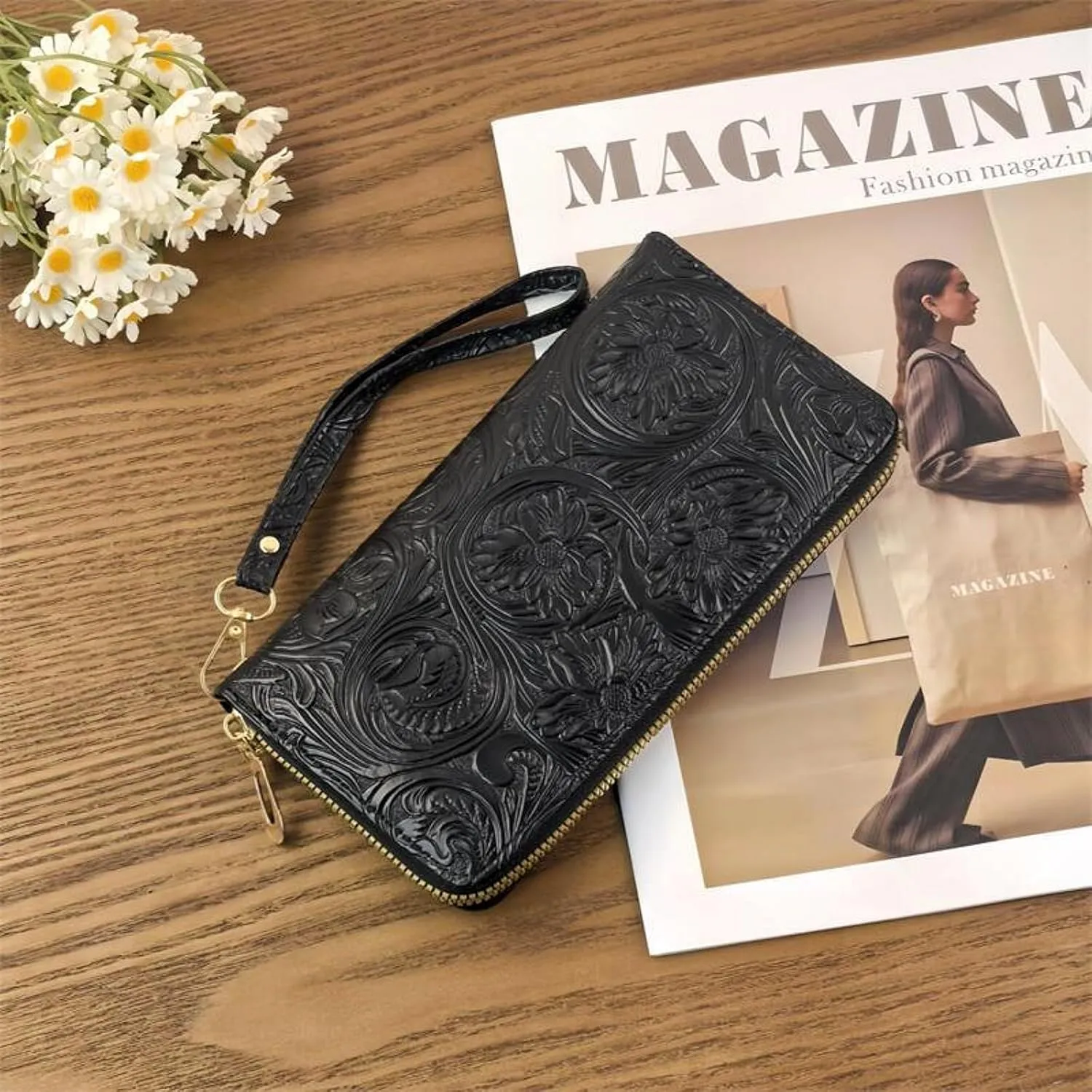 Womens Wallet Wristlet RFID Blocking Floral Vegan Leather Purse Long Zip Around Clutch Large Capacity Card Holder