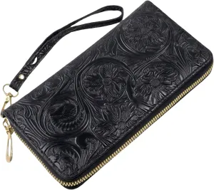 Womens Wallet Wristlet RFID Blocking Floral Vegan Leather Purse Long Zip Around Clutch Large Capacity Card Holder