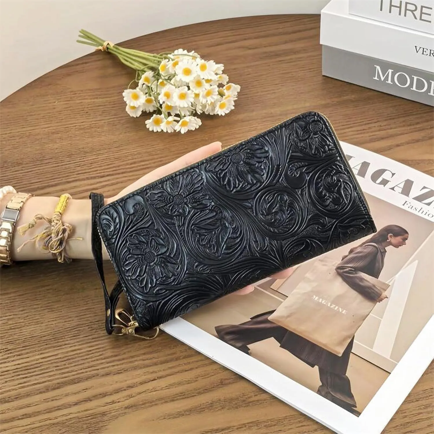 Womens Wallet Wristlet RFID Blocking Floral Vegan Leather Purse Long Zip Around Clutch Large Capacity Card Holder
